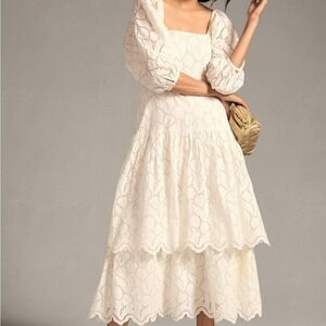 NWT Maeve Anthropologie Eyelet Puff Sleeve Square Neck Tiered Midi Dress White 8